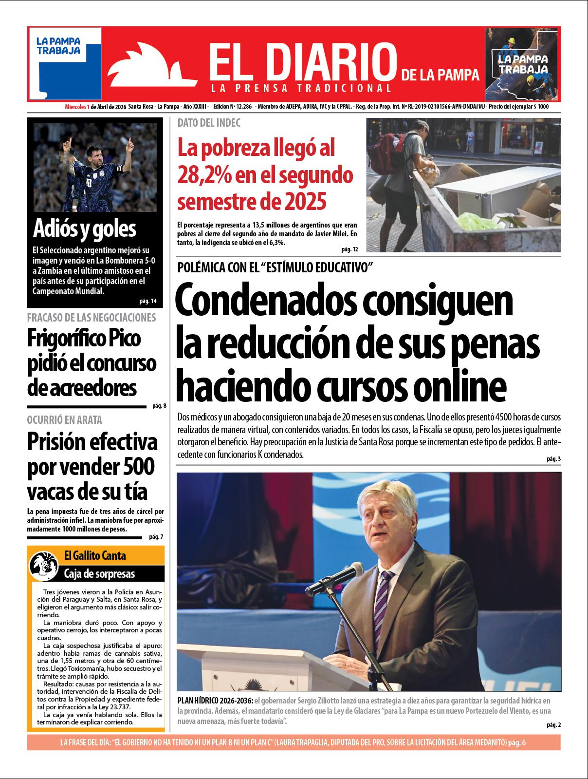 Tapa de El Diario en papel  mieacutercoles 01 de abril de 2026